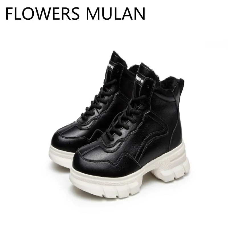 

Black White Leather Ankle Boots For Women Round Toe Middle Hoof Heels Ladies Booties Warm Fleeces Lining High Top Sneakers Shoes