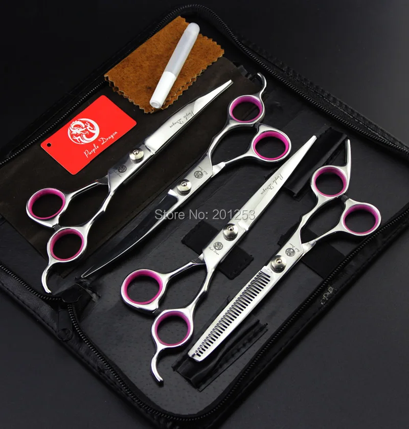 Tesoura de Prata Polegada Set Jp440c Dragão Roxo Pet Grooming Scissors Tesouras Cão Grande Reta & Emagrecimento Curvo Lzs0508 7.0 4 Pçs - 1 Cheap Tesouras de cabelo