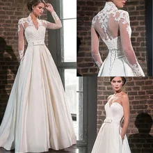 Elegancka suknia ślubna Sweetheart Satin z długim rękawem długość podłogi suknie ślubne kieszenie Robe De Mariage