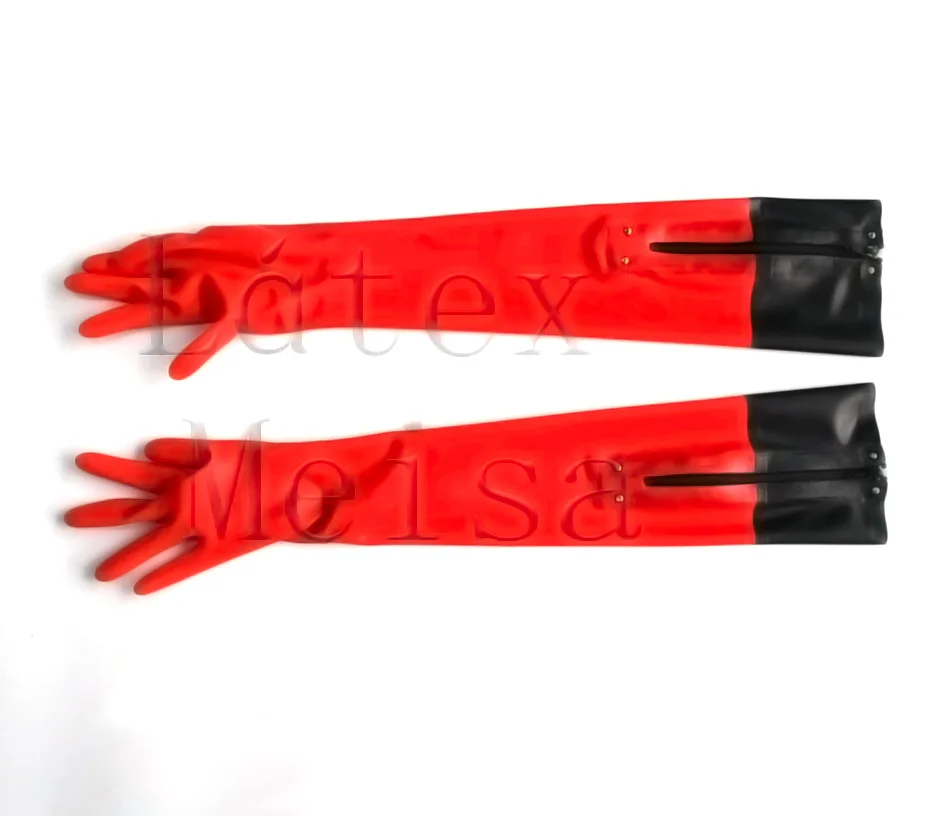Натуральное белье, Длинные латексные перчатки для связывания с пятью пальцами красного цвета с черной отделкой на молнии