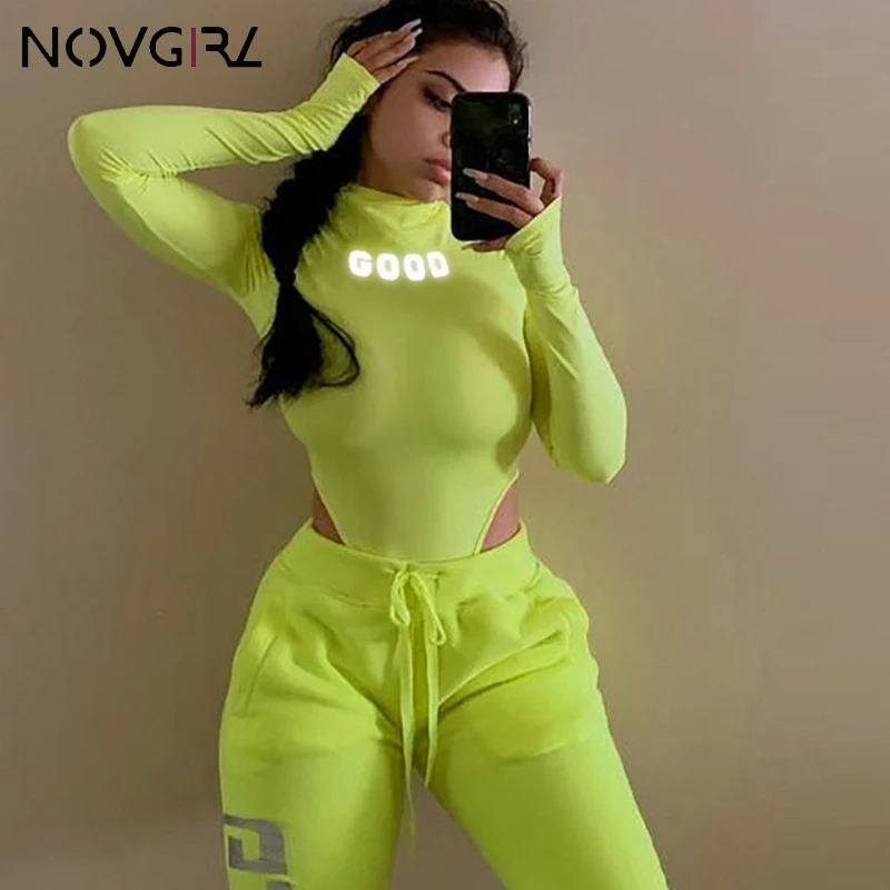 

Novgirl Reflective Letters Body Tops Women Long Sleeve Bodysuit Girls Short Jumpsuit Turtleneck Neon Green Rompers Sexy Overalls