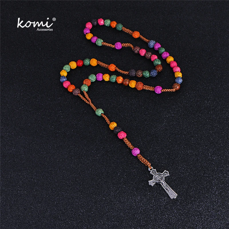 

Komi Resin Color Beads Chain Cross Pendant Long Necklace Women Catholic Christ Religious Jesus Rosary Jewelry Gift R-011
