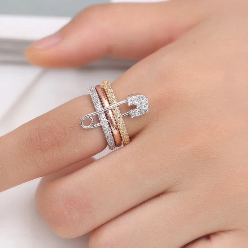Creative AAA++ Cubic Zirconia Wedding Band Bridal Sets Rings For Women Men Rose Gold Silver Gold Color Pin Ring 2019