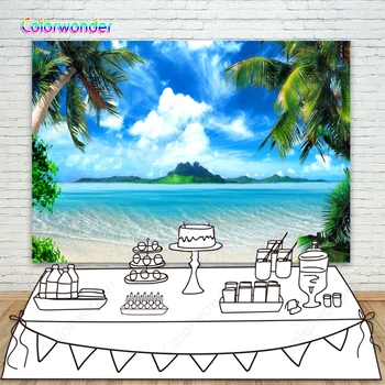 

Natural Scenery Photographic Background Green Palm Trees 7x5ft Blue Sky with Clouds Clean Water Backdrops for Photo Booth Studio