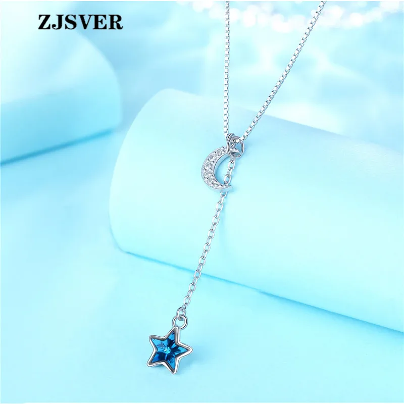 

ZJSVER Fine Jewelry 925 Sterling Silver Necklace Crystal Moon Blue Star Pendant Bohemia Style Silver Box Chain Women Necklace