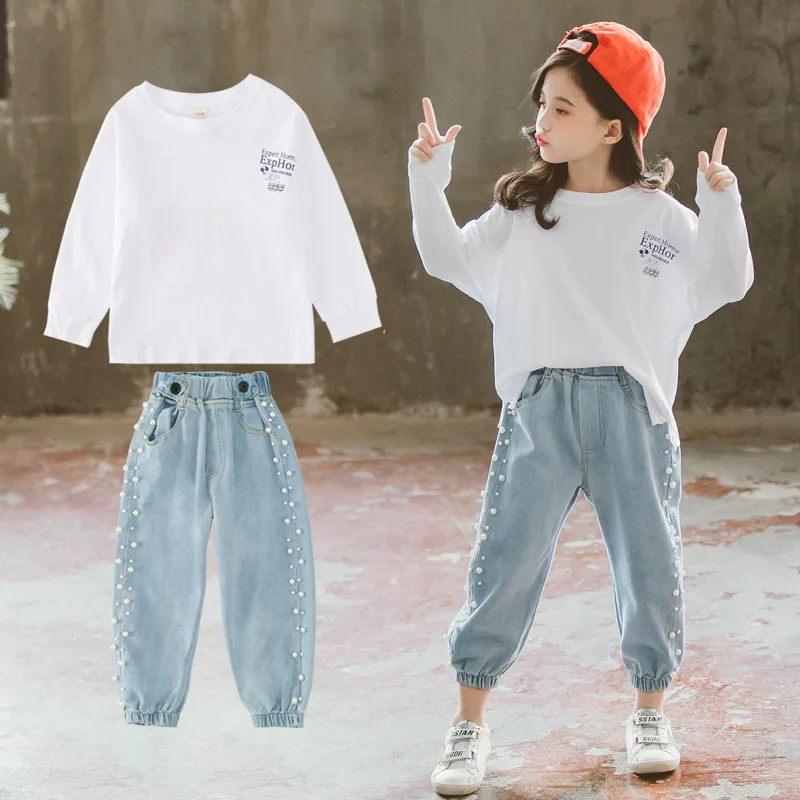 

Children's Clothing Suit Autumn New Kids Girls Korean Style Long-sleeved T Shirt + Pearl Denim Pants 2PCS Sets Children Clothing