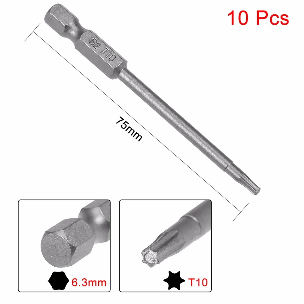 Uxcell 10 шт. S2 T10/30/20/40 Магнитный звездообразный ключ 1/4-дюймовые шестигранные безопасности отвертка, биты, 75/65/50 мм в длину, электрические ручные инструменты