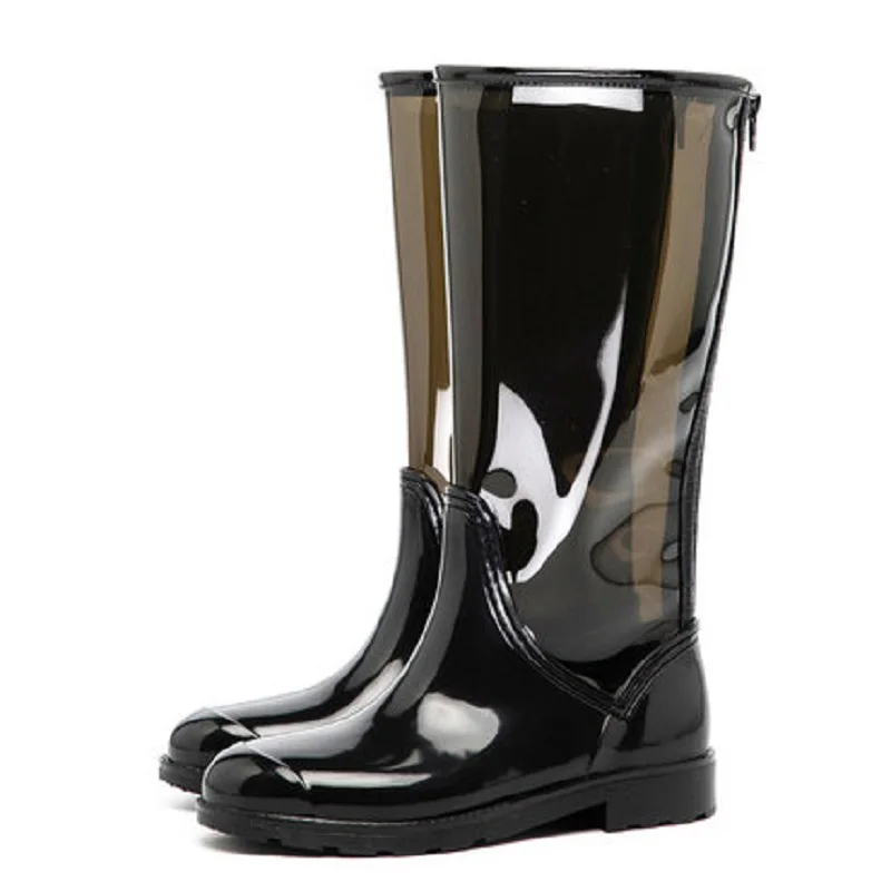 

MoBeiNi 2018 Spring and Autumn PVC Mid-Calf Slip-On Rainboots Round Toe Low Flat with Fabric Solid Platform Women's shoes