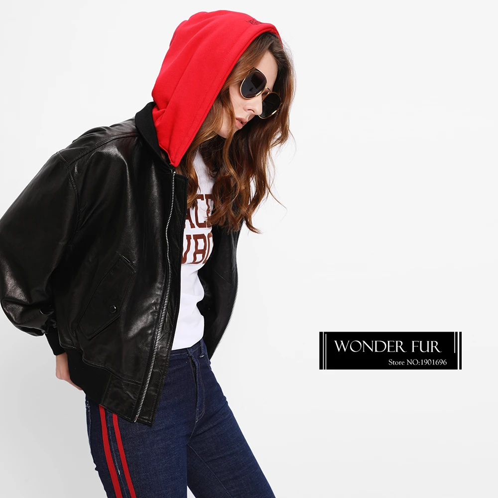 

Loose Style Cheerleader Leather Coat With Sleeve Zipper Pocket Red Fabric Cap Demountable Leather Jacket Baseball Leather Jacket