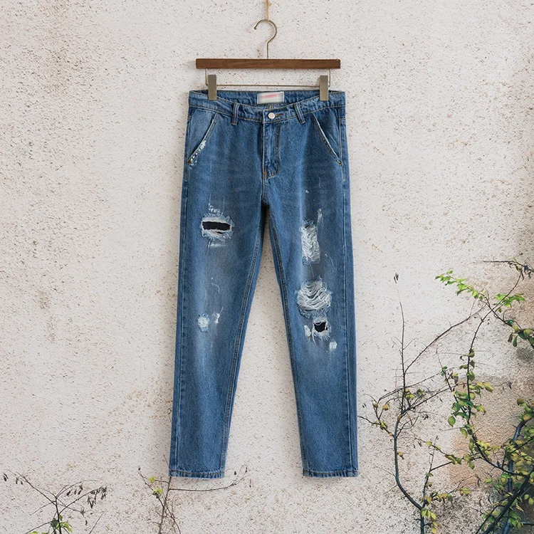 

recycled water worn through the hole paint points nine jeans men's feet Haren 9 feet