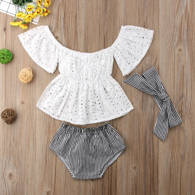 Baby Girl Off Shoulder Lace Tops Short Sleeve Hole Shirt Stripe Shorts Briefs Headband 3pcs Outfit Clothes Summer Set