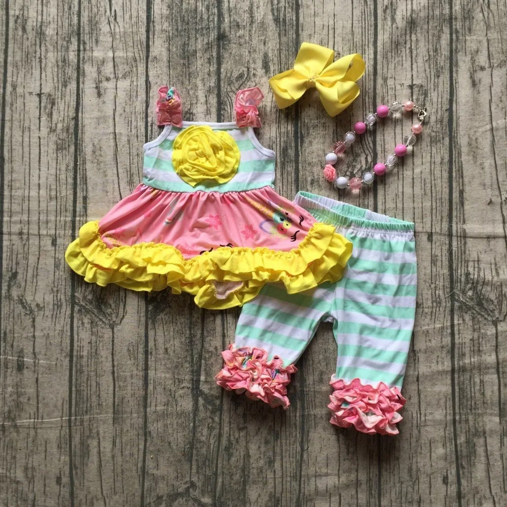 

new Spring/Summer girls kids Capris Halter top yellow coral striped unicorn flower kids boutique clothing with match accessories