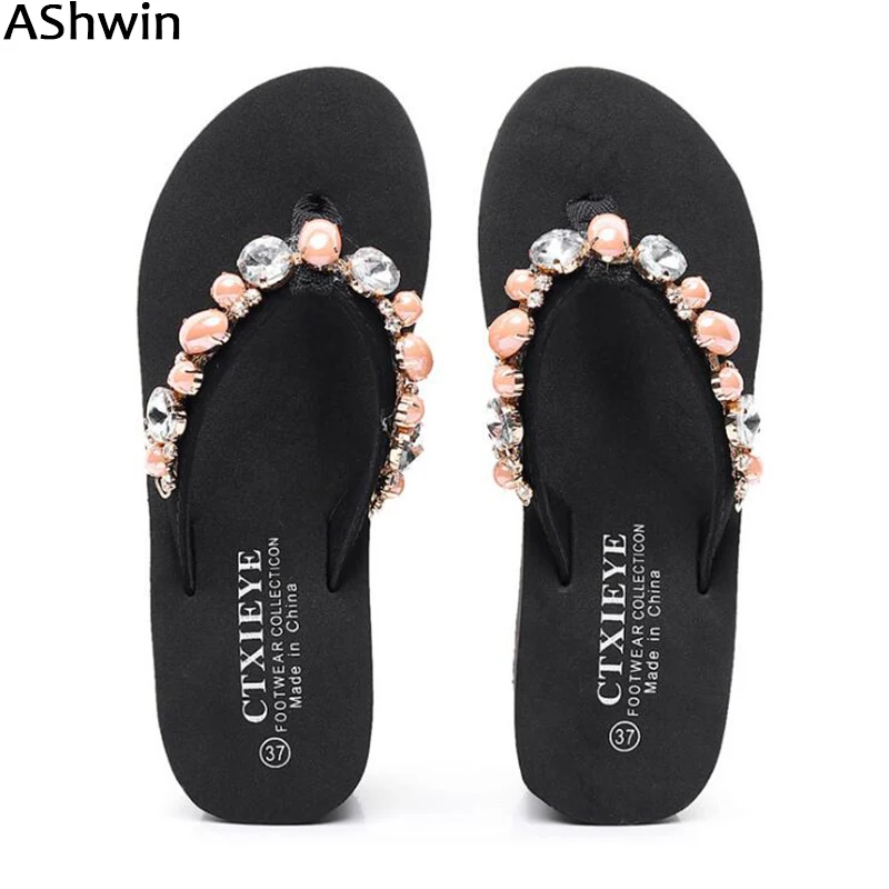 

AShwin wedge platform sandals lady summer flip flops shiny rhinestones outdoor slippers beach slipper fashion crystal shoes