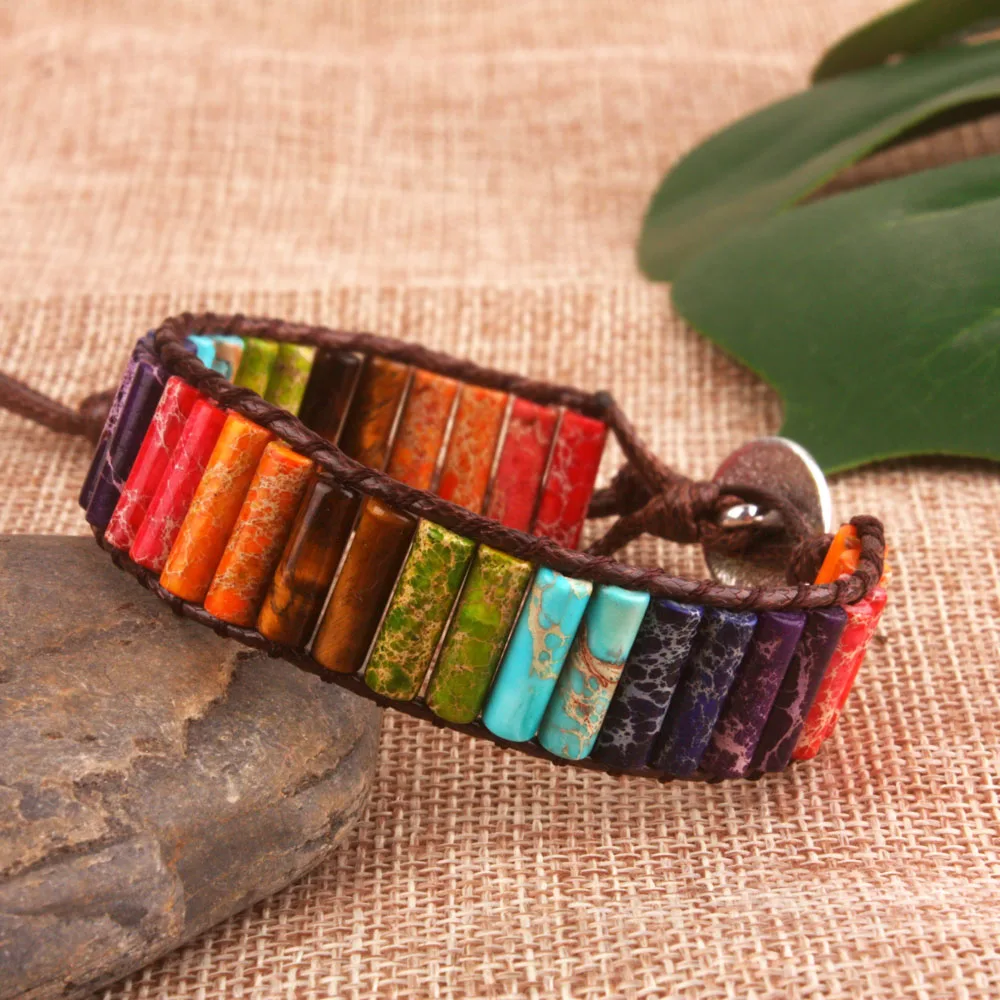 New Design Chakra Jewelry Handmade MultiColor Natural Stone Tube Bead Leather Wrap Bracelet Couples Bracelet Creative Gifts