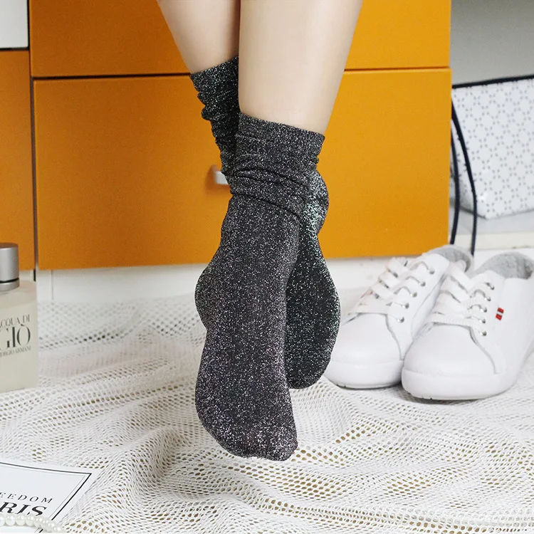 Muluhu/весенние хлопковые однотонные блестящие женские носки; модные блестящие носки с металлическими линиями; красивые плотные носки для девочек-студенток - Цвет: black
