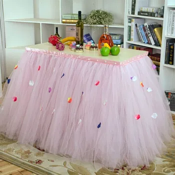 

Holiday DIY fabric Dessert table skirt wedding decor Christmas table skirt Yarn Lace with rose paillette brithday party 92*80cm