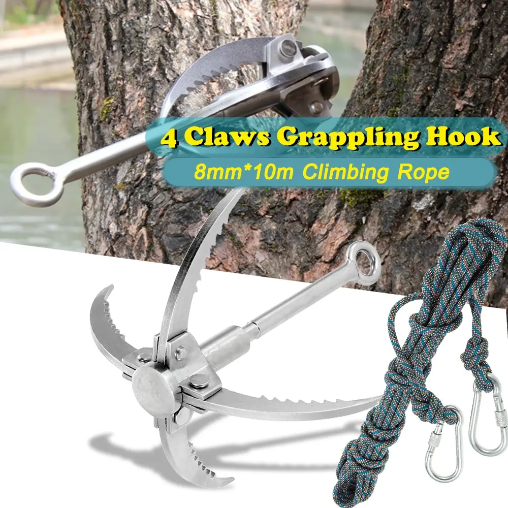 

# Climbing Hook 4 Claws Foldable Steel Grappling Hook Load 350kg Climbing Rope 8mm * 10m with Carabiner Rock Mountaineering