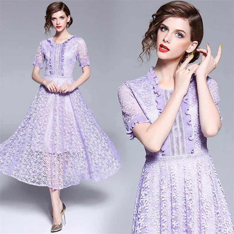 

Lavender Flare and Fit 2019 Women Elegant Sweet Party Ruffles Maxi Dresses Summer Butterfly Sleeves Long Lace Dress Vesti