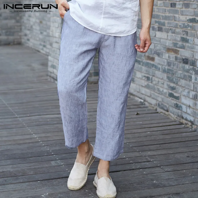 INCERUN, тонкие хлопковые повседневные льняные укороченные мужские широкие брюки, свободные летние китайские стильные мужские пляжные брюки 5XL