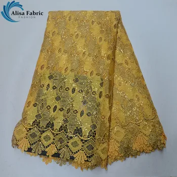 

Yellow Embroidery With Sequins African Cord Lace Fabric High Quality Nigerian Guipure Laces Fabric 5 Yards/piece For Party Dress