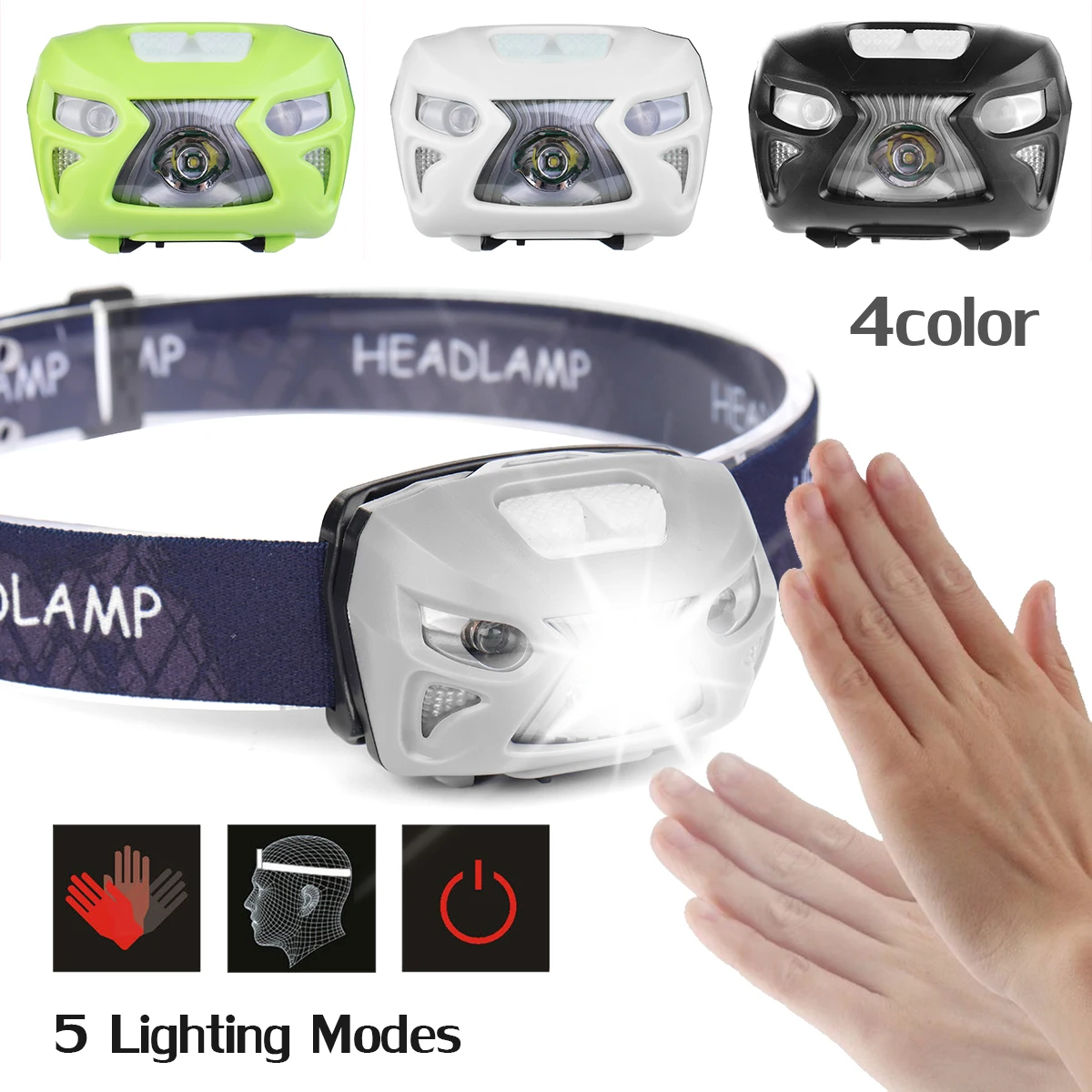 

Headlight 6000lm 2*RED LED Headlamp Motion Sensor Bike Head Lamp Light Fishing Flashlight Torch Head USB Rechargeable Battery