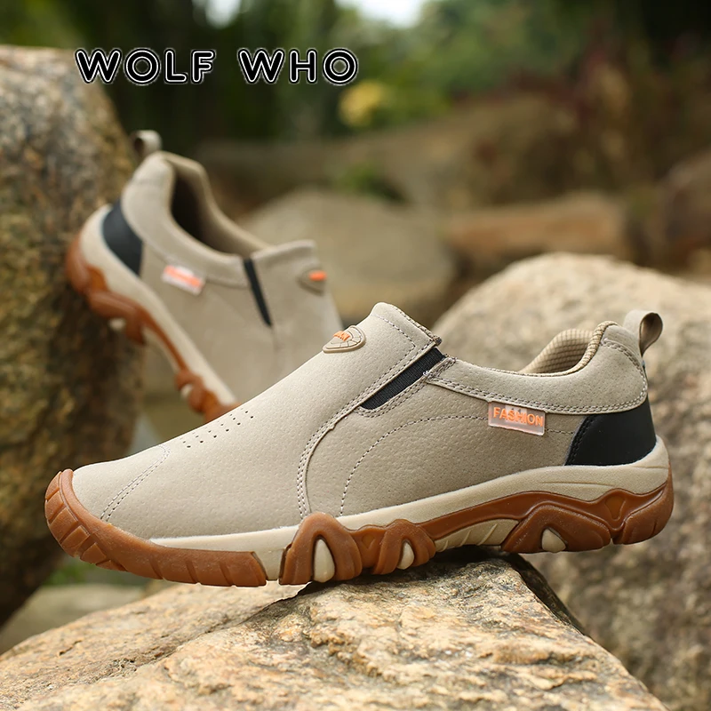 

WOLF WHO 2019 Men Leather Casual Shoes Slip resistant Loafers Male Sneakers Hiking Man Outdoor Lazy shoes Tenis Masculino X-054