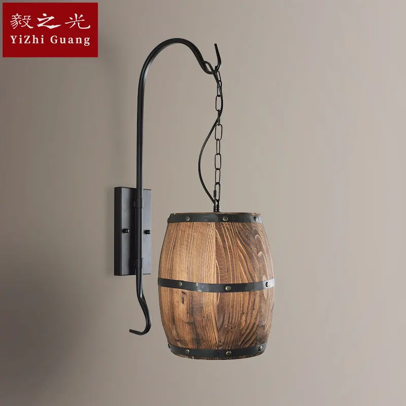 

European retro industrial wind solid wood wall lamp bar coffee shop aisle living room restaurant lamp barrel wall lamp
