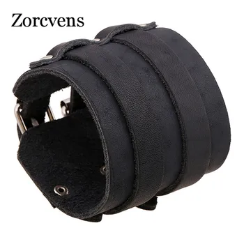 ZORCVENS Vintage Genuine Leather Wristband Bracelets Brand Punk Wide Cuff Charm Bracelets for Men