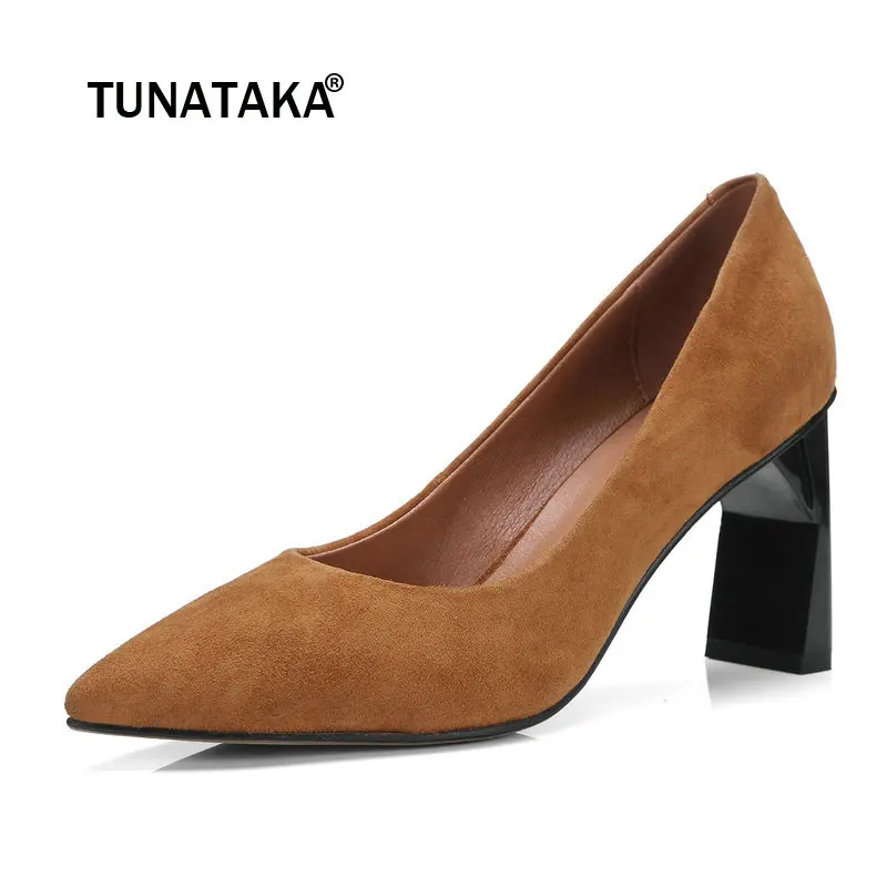 

Suede Square High Heel Woman Lazy Pumps Fashion Pointed Toe Dress High Heels Ladies Black Brown
