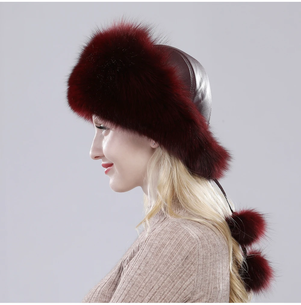 New Style Fashin Girl Genuine Fox Fur Hat Warm Soft Natural Fox Fur Bomber Caps Lady Luxurious Quality Real Fox Fur Hats