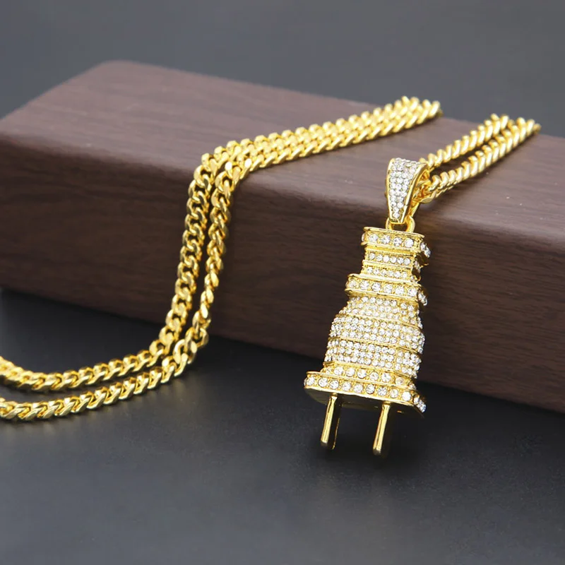 

Hip Hop Jewelry Iced Out Plug Pendant Necklace With Gold Cuban Link Chains Fashion Rhinestone Mens Necklace
