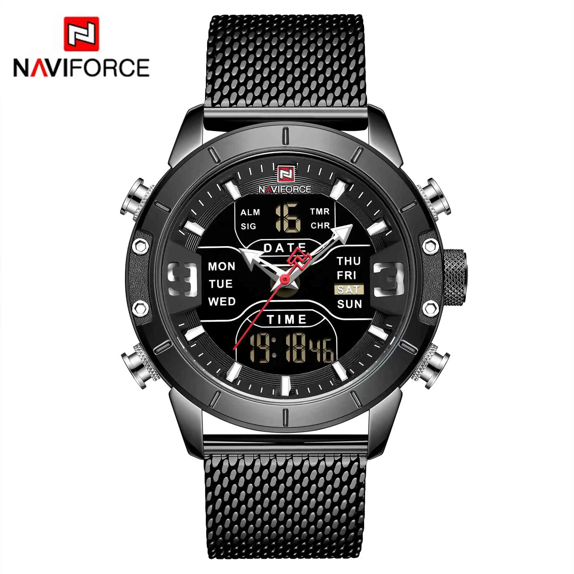 NAVIFORCE 9153 мужские часы милитари для мужчин спортивные часы модные часы водостойкий полный сталь кварцевые повседневное homme Relogio - Цвет: Черный