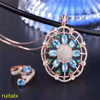 

KJJEAXCMY boutique jewels 925 sterling silver inlaid drop blue topaz ring + pendant + necklace jewelry set with silver gold colo