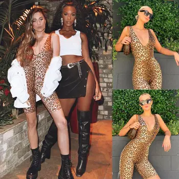 

2019 Women's V-neck Leopard Bodycon Bodysuit V Neck Sleeveless Leotard Clubwear Jumpsuit Romper Tops Shorts