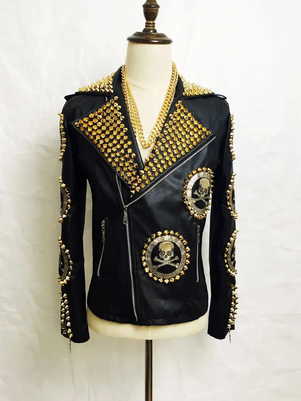 Индивидуальные для мужчин заклёпки кожаная куртка костюмы прохладный скелет мотоциклетные верхняя одежда в стиле панк ночной клуб певец