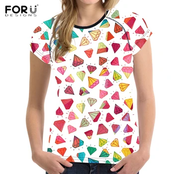 

FORUDESIGNS Funny 3D Colorful Diamond Print T-shirts Women Brand Design Breathable Short Sleeve Tees Casual Female Fit T Shirts
