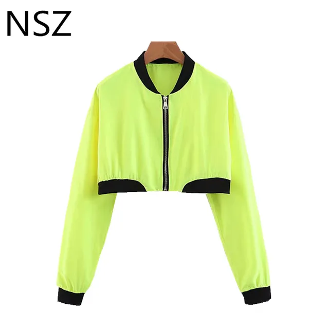 NSZ Women Fluorescent Green Neon Jacket Crop Coat Contrasting colors