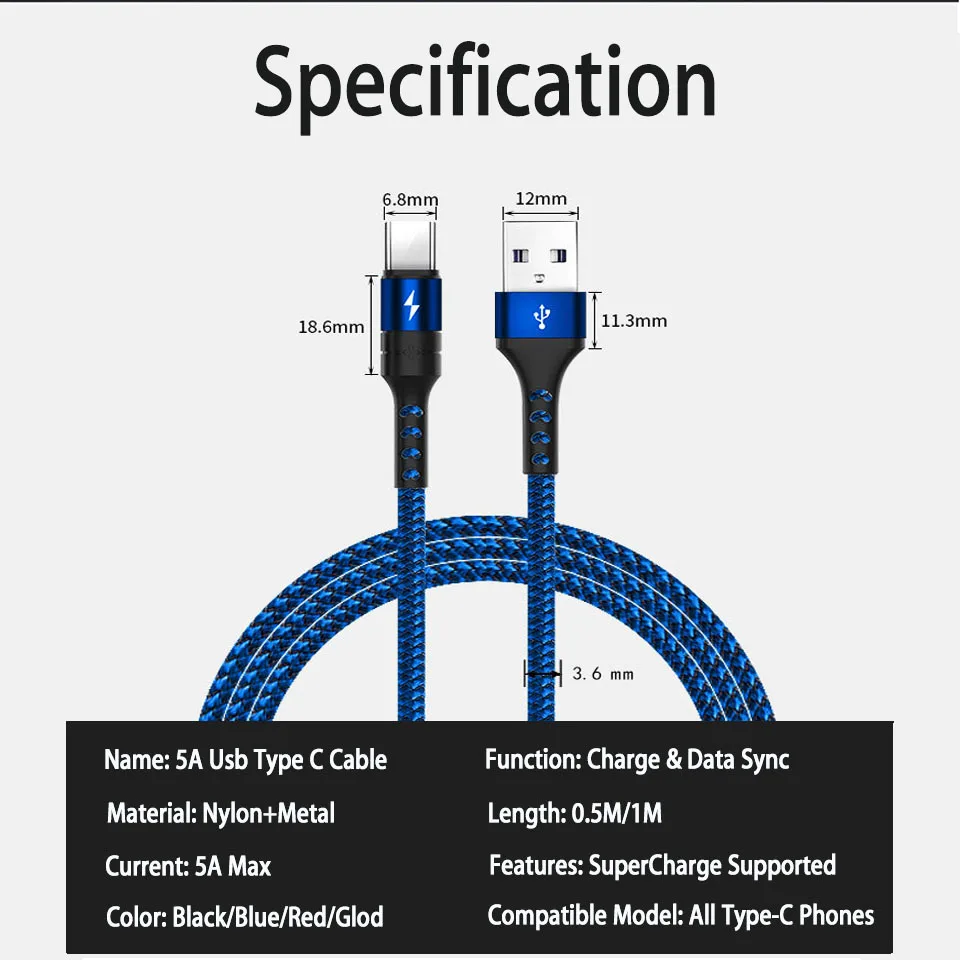 Usb type C 5A кабель QC3.0 Quick Charge QC 3,0 Для Xiaomi Mi9 samsung S10 S9 Plus Note 10 Plus Быстрая зарядка телефонный кабель для зарядного устройства