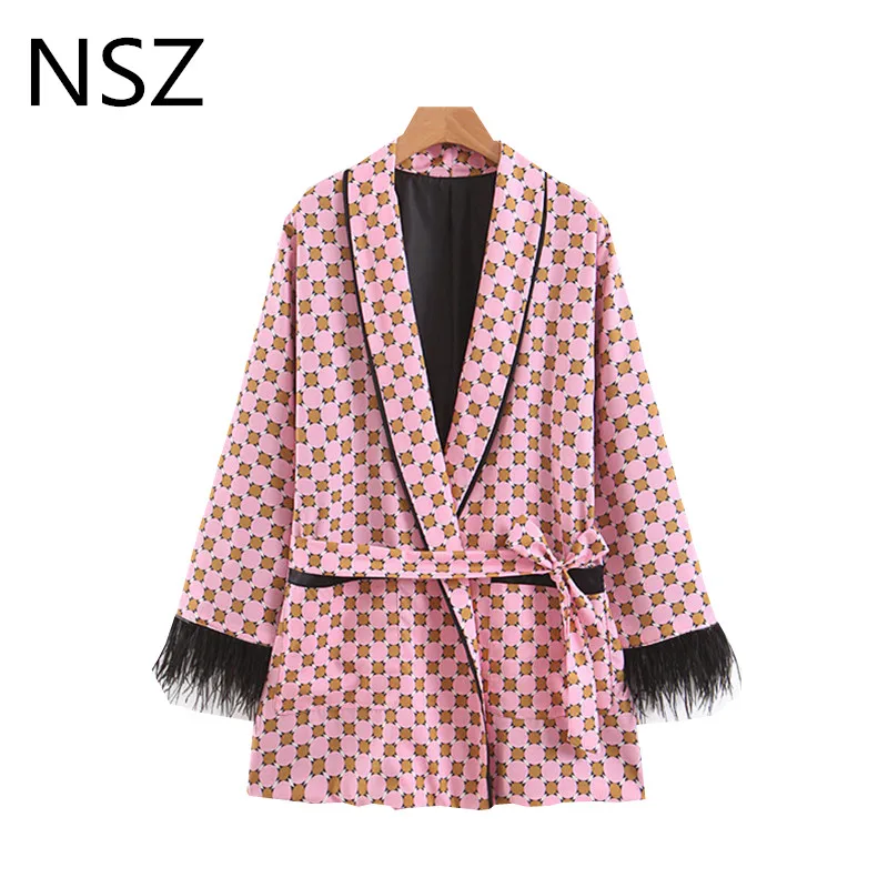 

NSZ Women Kimono Blazer Print Jacket With Belt Tassel Sleeve Coat Outerwear