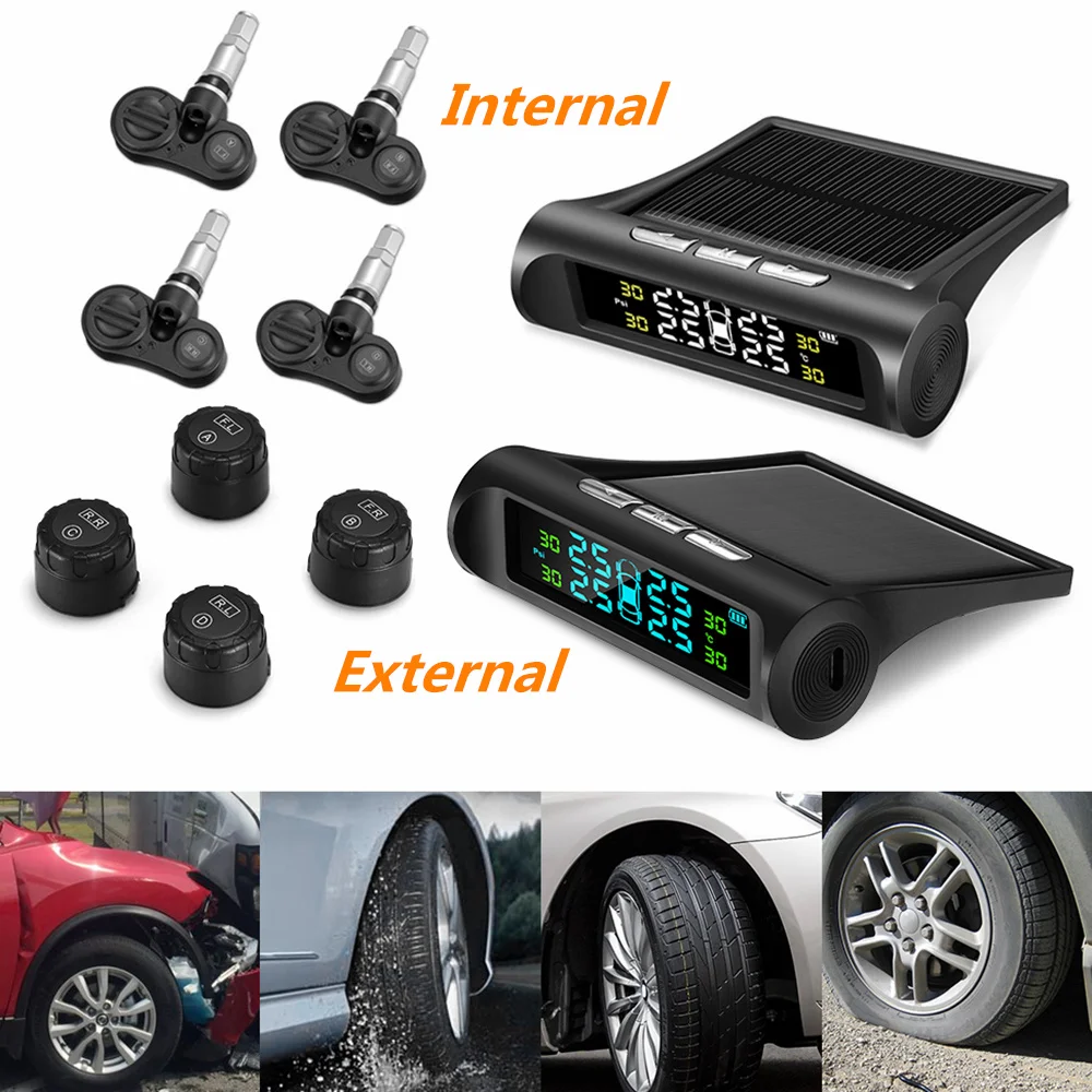 

Solar Power Car TPMS Tyre Pressure Monitoring System Digital LCD Display Auto Security Alarm Systems Tire Pressure Alarm Bar Psi