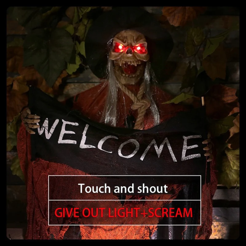 Знак призрака Добро пожаловать Escape Horror реквизиты дом с привидениями декор Хэллоуин реквизит электрический Голос висящий Череп Скелет