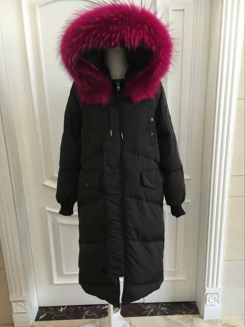Теплая куртка-пуховик унисекс с натуральным мехом енота с капюшоном, свободная зимняя верхняя одежда - Цвет: Color 05