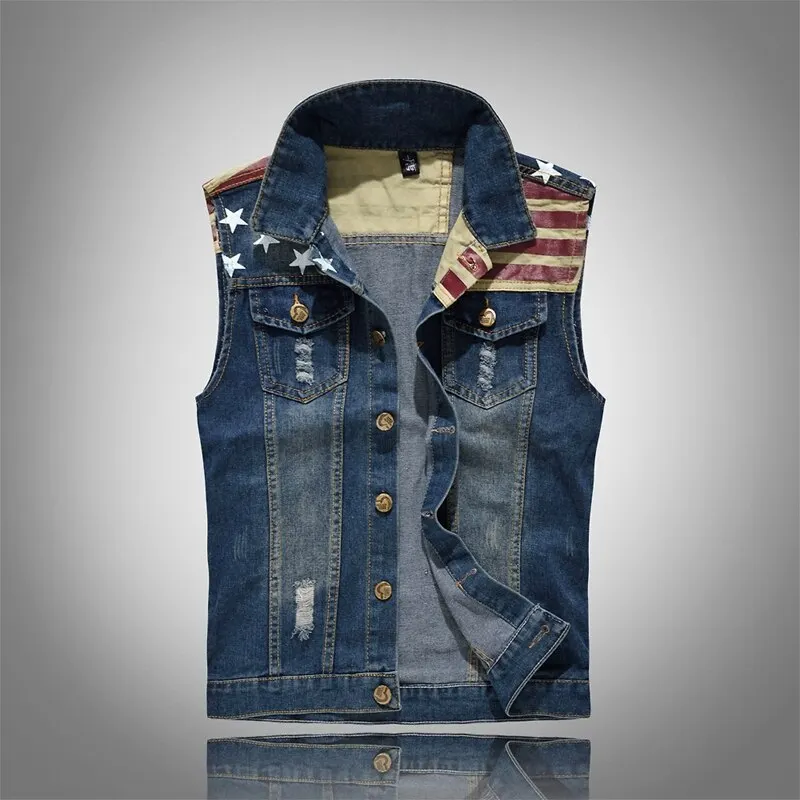 Litthing Men Denim Jeans Vest Coat National Flag Sleeveless Jacket Male Streetwear Cowboy Pocketed Waistcoat Jacket