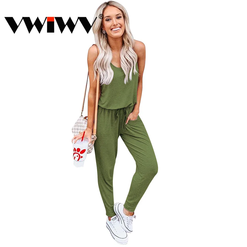 

VWIWV 2019 Women Round Neck Lace Up Looese ComfortableTwo Pieces Jumpsuit Elastic Sleeveless 5 Colors Bodysuit