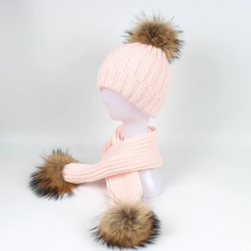 Настоящий крашеный помпон из меха енота, вязаная шапка, шарф, комплект для детей, натуральный мех, помпон, зимняя теплая шапка, шапка, шарф, комплекты - Цвет: raccoon pink