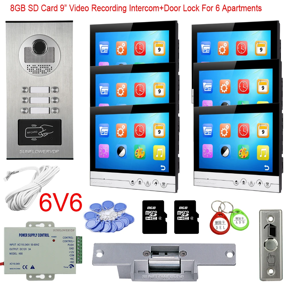 Rfid Camera 2/3/4/6 Call Buttons Wired Video Door Entry 8GB Video Recording 9\ Color Monitor Doorbell Intercom + Electric Lock