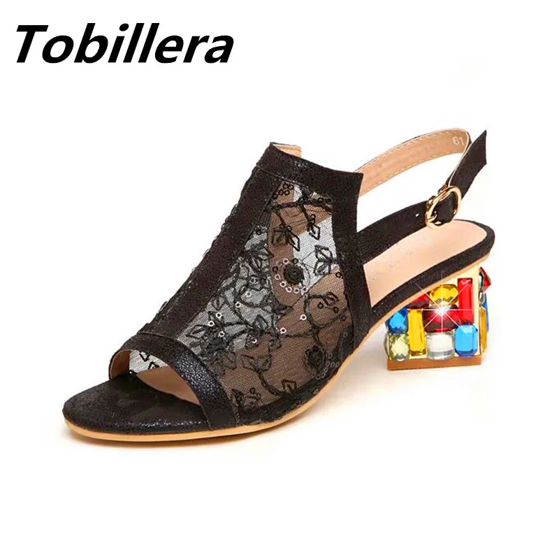 

Tobillera Summer Sexy Lace Mesh Upper Women Open Toe Sandals Fashion Colorful Stone Decor Heels Nude White Black Dress Shoes