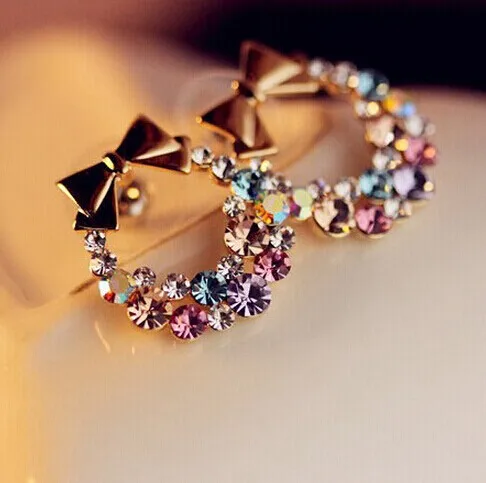 

Free Shipping $10 (mix order) New Fashion Imitation Crystal Colorful Rhinestone Bow Earrings E41 Vintage Jewelry