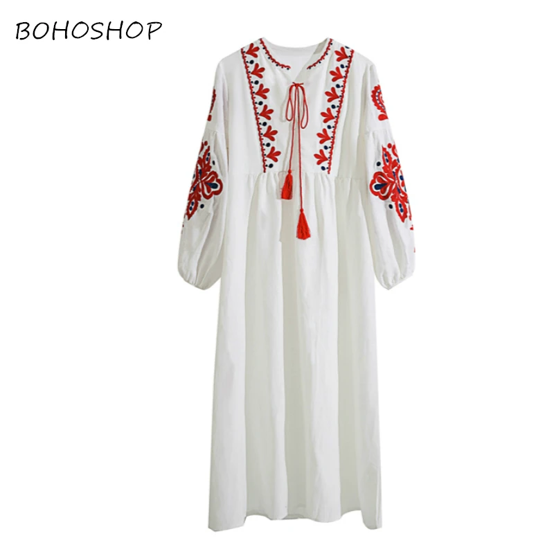 

vestidos Boho dress Boho Floral emberoidery beach Bohemian dresses women maxi o-neck lantern sleeve Ladies Summer dress