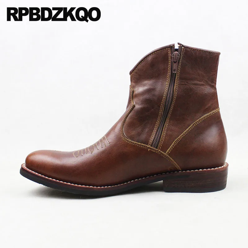 Western Short Brown Full Grain Leather 2018 Chunky Cowboy Boots Mens